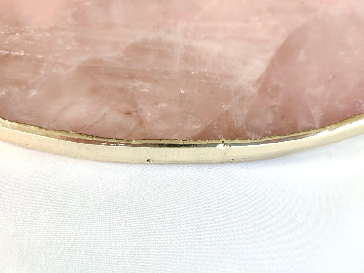 Rose Quartz Agate Round Serving Tray With Brass Handles