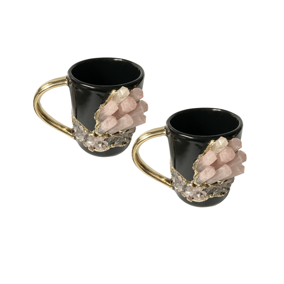 Rose Quartz Crystal Black Ceramic Mug with Gold Handle