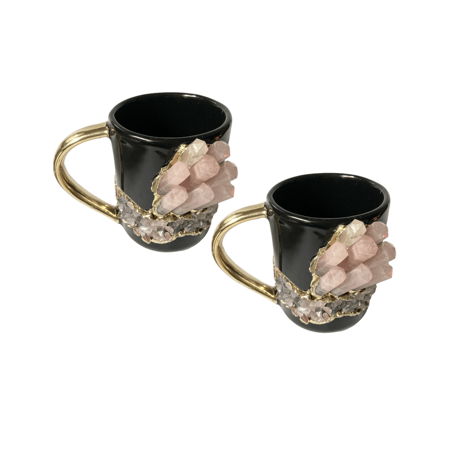 Rose Quartz Crystal Black Ceramic Mug with Gold Handle