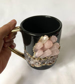 Rose Quartz Crystal Black Ceramic Mug with Gold Handle