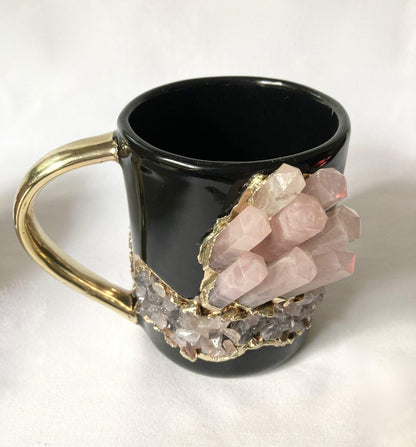 Rose Quartz Crystal Black Ceramic Mug with Gold Handle - MAIA HOMES