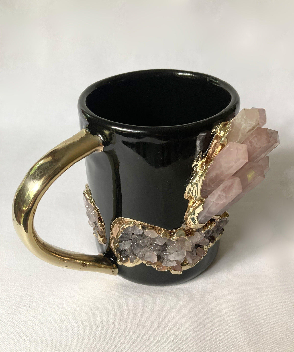 Rose Quartz Crystal Black Ceramic Mug with Gold Handle