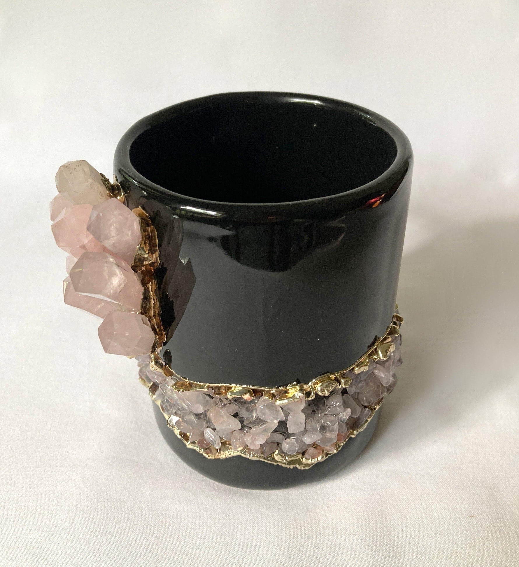 Rose Quartz Crystal Black Ceramic Mug with Gold Handle