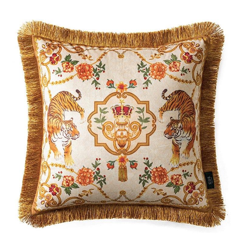 Rosy Asian Tigers Floral Throw Pillow Cover with Golden Fringes