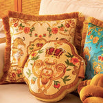 Rosy Asian Tigers Floral Throw Pillow Cover with Golden Fringes Gold 13.7" x 13.7"