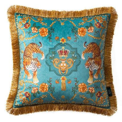 Rosy Asian Tigers Floral Throw Pillow Cover with Golden Fringes Blue 18" x 18"