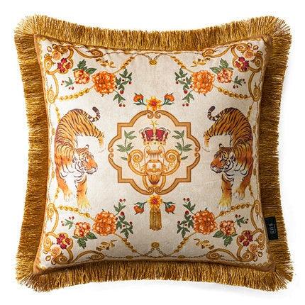 Rosy Asian Tigers Floral Throw Pillow Cover with Golden Fringes White 18" x 18"