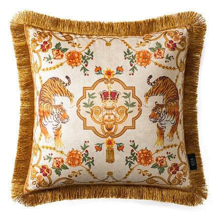 Rosy Asian Tigers Floral Throw Pillow Cover with Golden Fringes - MAIA HOMES