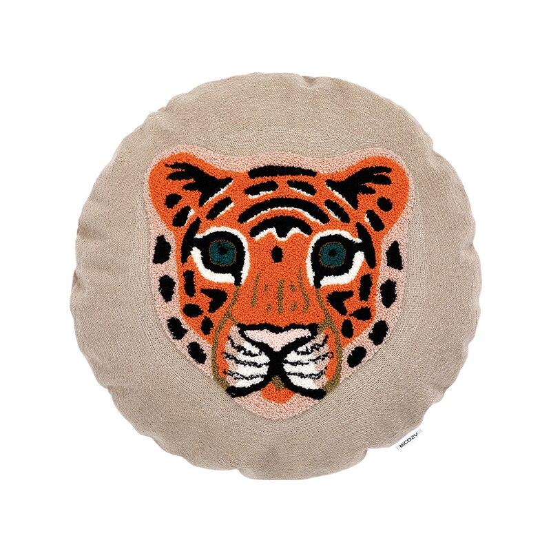 Round Jungle Leopard Tiger Embroidered Pillow Cover Orange Tiger