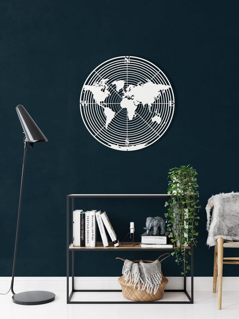 Round World Map Continents Metal Wall Art White