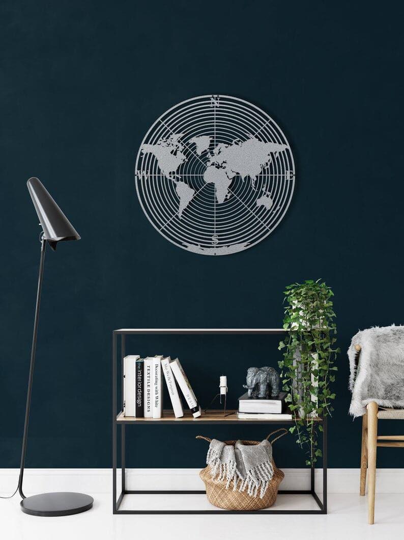 Round World Map Continents Metal Wall Art Silver