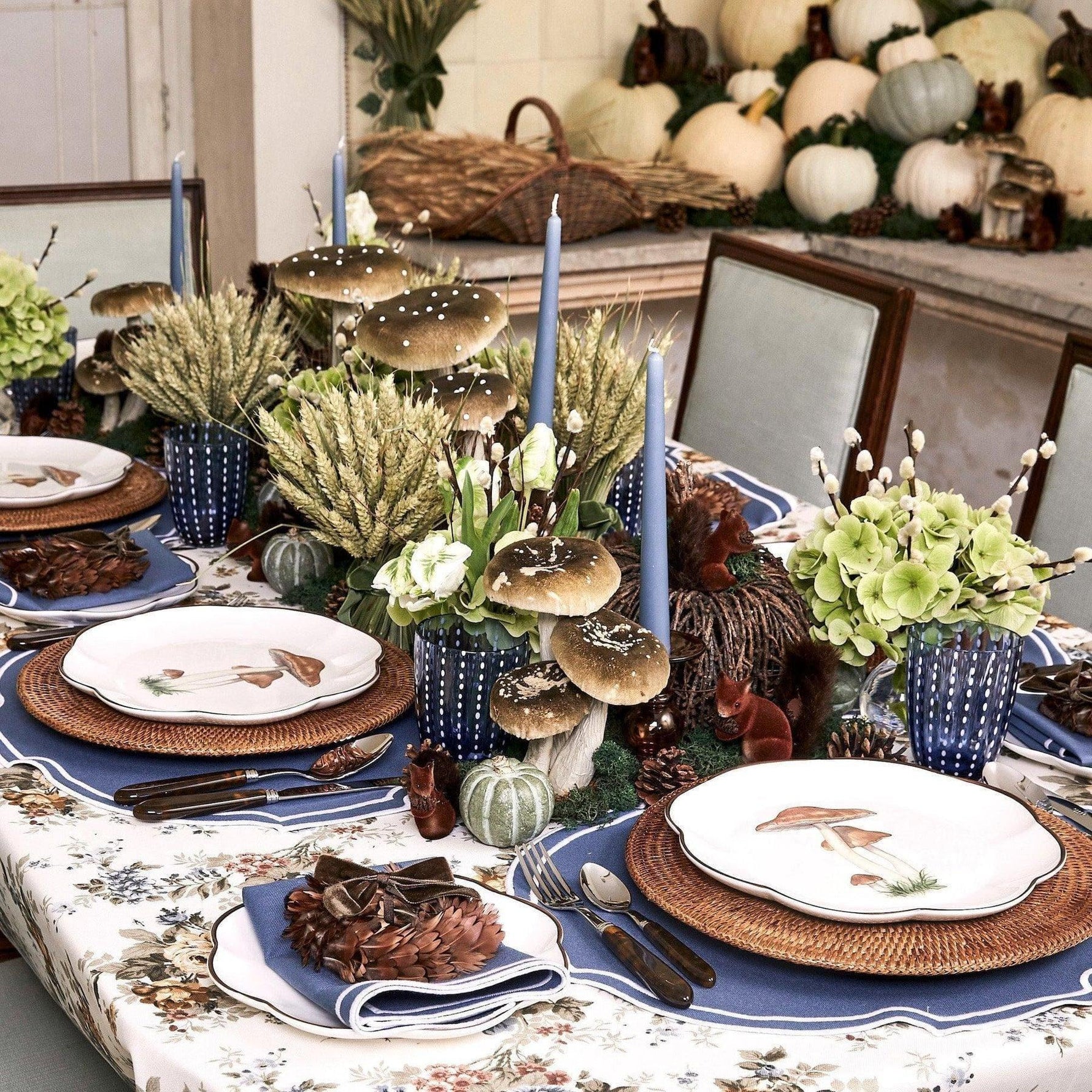 Royal Blue Embroidered Dining Placemats and Napkins Set