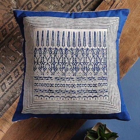 Royal Blue Hand Blocked Printed Cotton Cushion Covers - Pack of 2