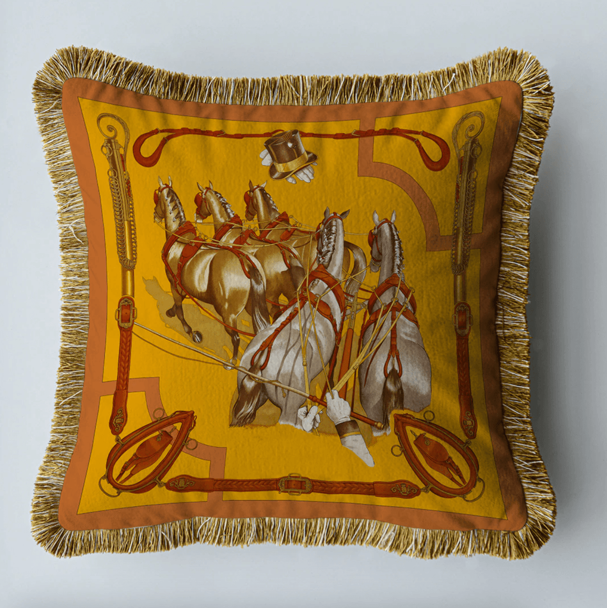 Royal Dressage Horse Velvet Throw Pillow Cover with Fringes Golden