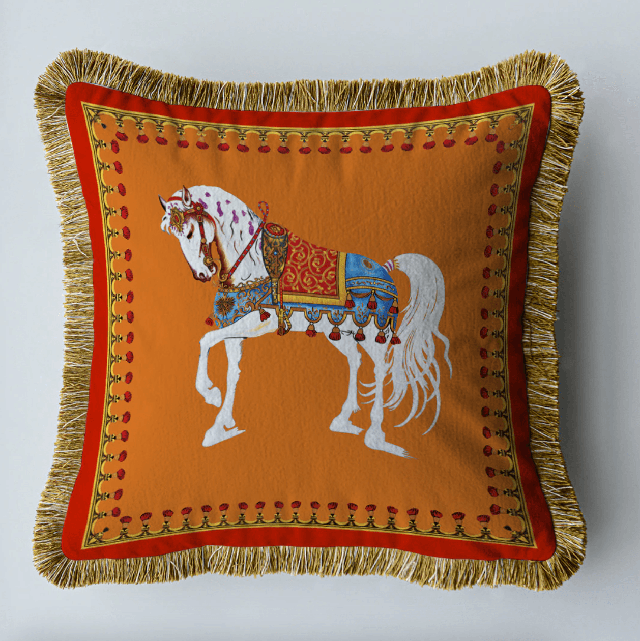 Royal Euro Horse Velvet Throw Pillow Cover with Fringes Orange