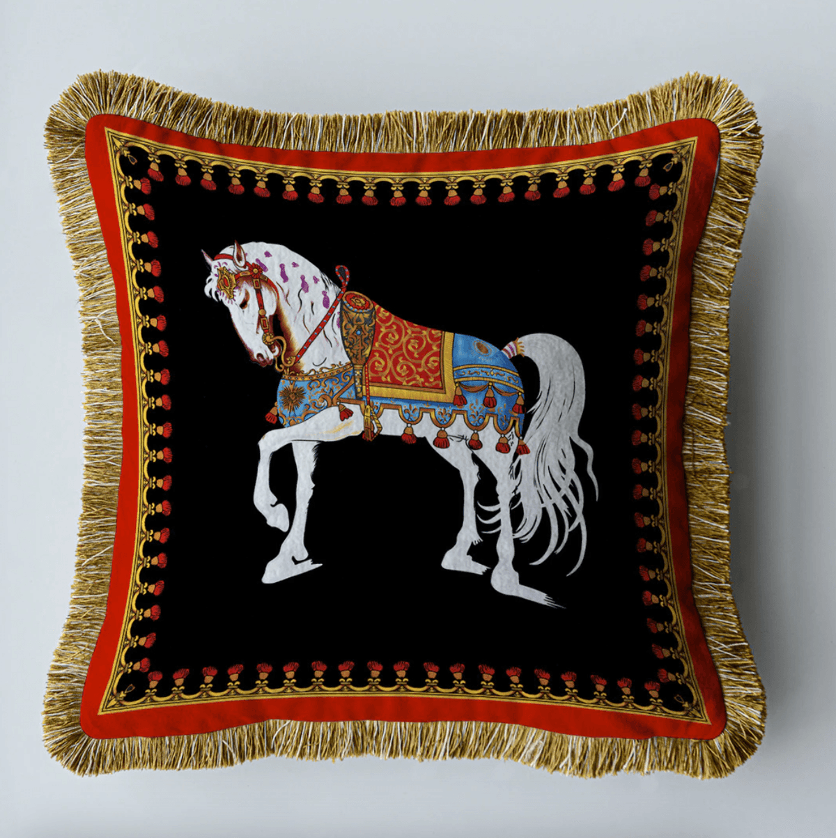 Royal Euro Horse Velvet Throw Pillow Cover with Fringes Black