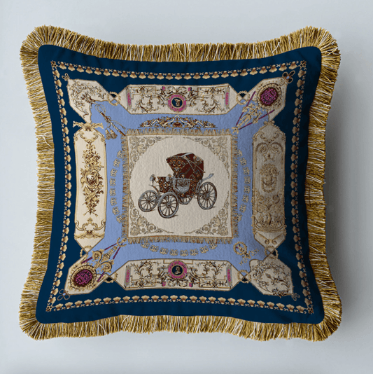 Royal Horse Cart Velvet Throw Pillow Cover with Fringes - MAIA HOMES