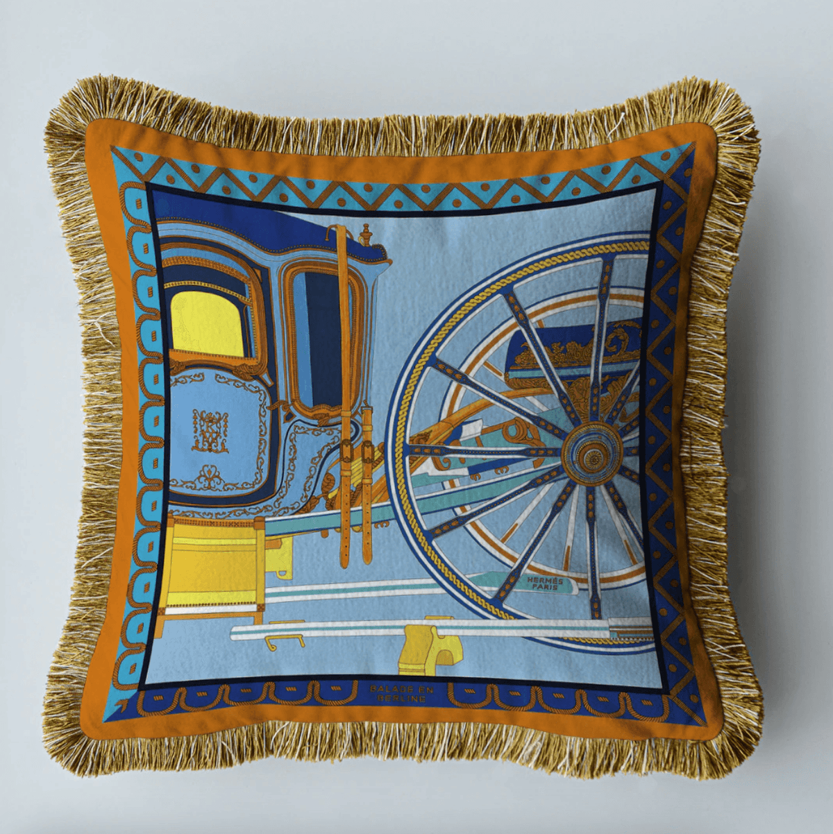 Royal Horse Cart Velvet Throw Pillow Cover with Fringes Light Blue