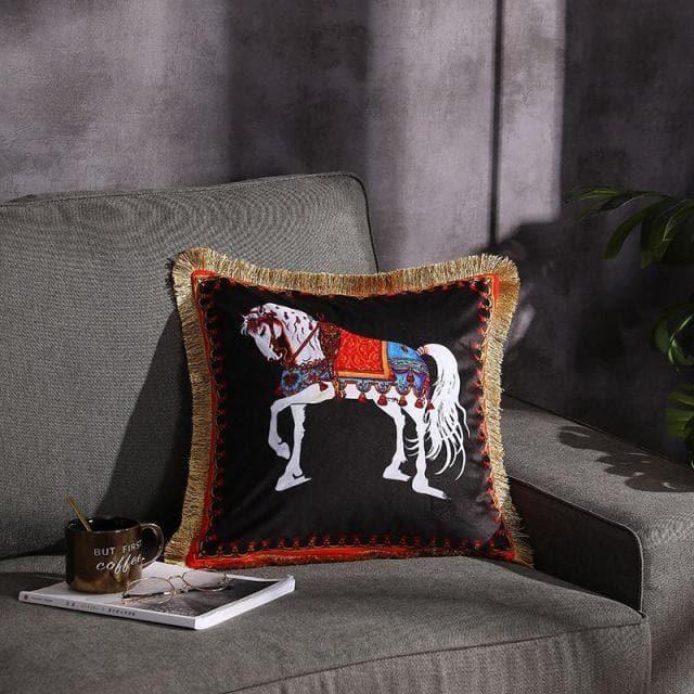 Royal White Horse Fringed Black Velvet Throw Cover Default Title