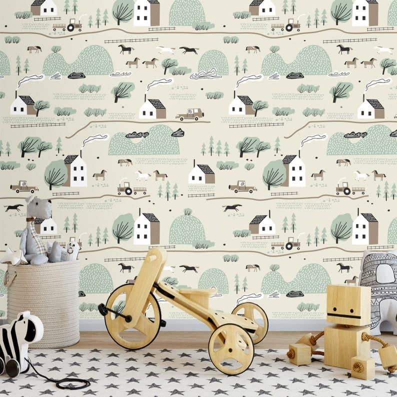 Rustic Farm Village Nursery Wallpaper