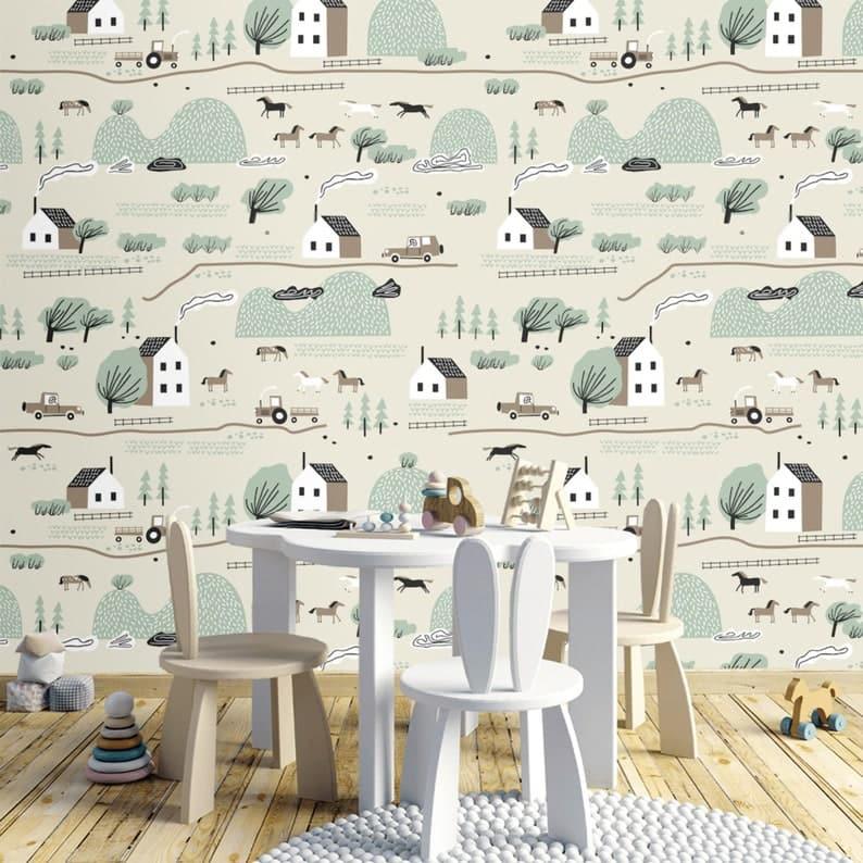 Rustic Farm Village Nursery Wallpaper