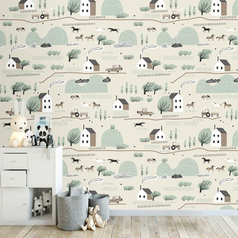 Rustic Farm Village Nursery Wallpaper