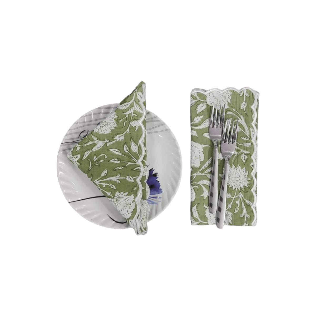 Sage green and White Scalloped Cotton Napkins