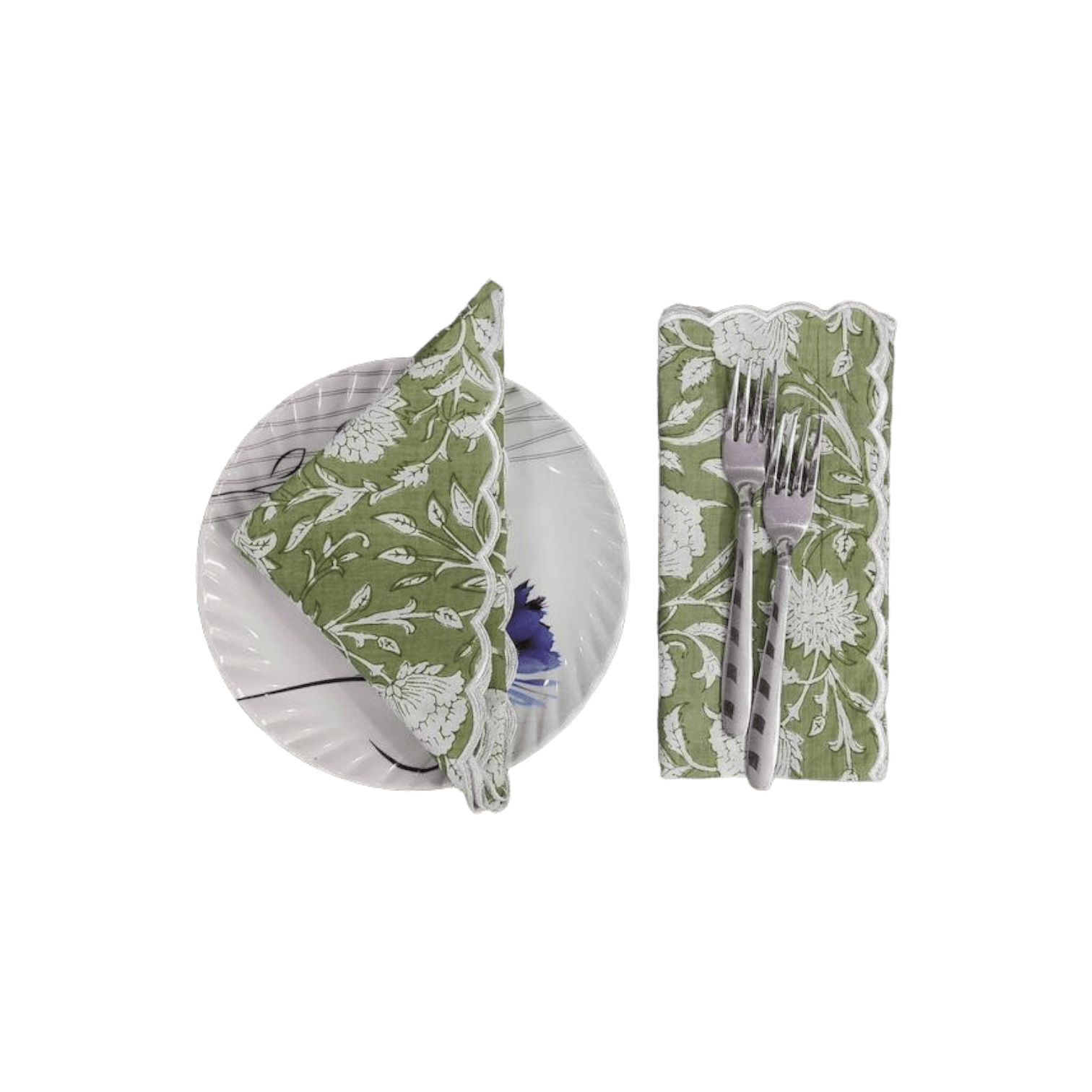 Sage green and White Scalloped Cotton Napkins