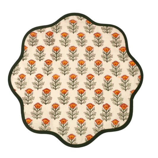 Sage Green Block Printed Flower Scalloped Placemats - MAIA HOMES