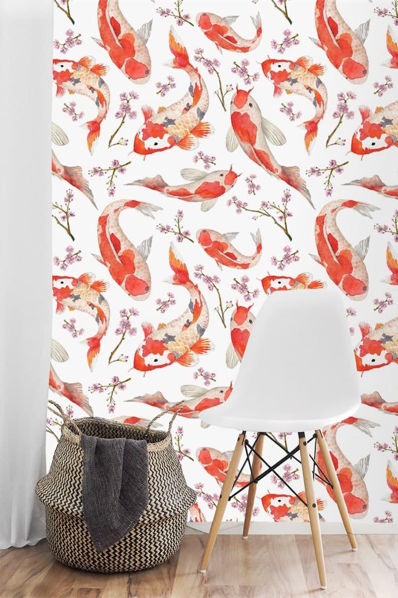 Sakura Branch and Japanese Koi Pond Fish Wallpaper - MAIA HOMES