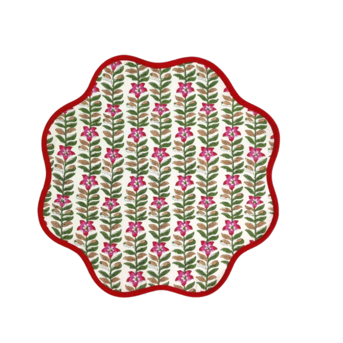 Scalloped Green and Red Floral Cotton Placemats