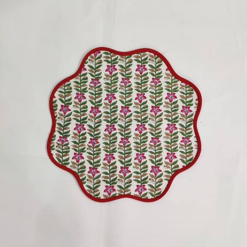 Scalloped Green and Red Floral Cotton Placemats