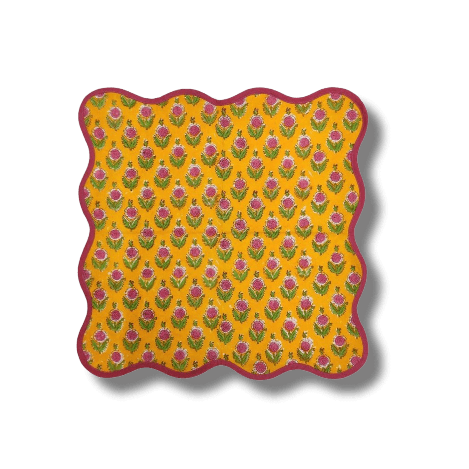 Scalloped Pink Flowers Yellow Block Printed Cotton Napkins