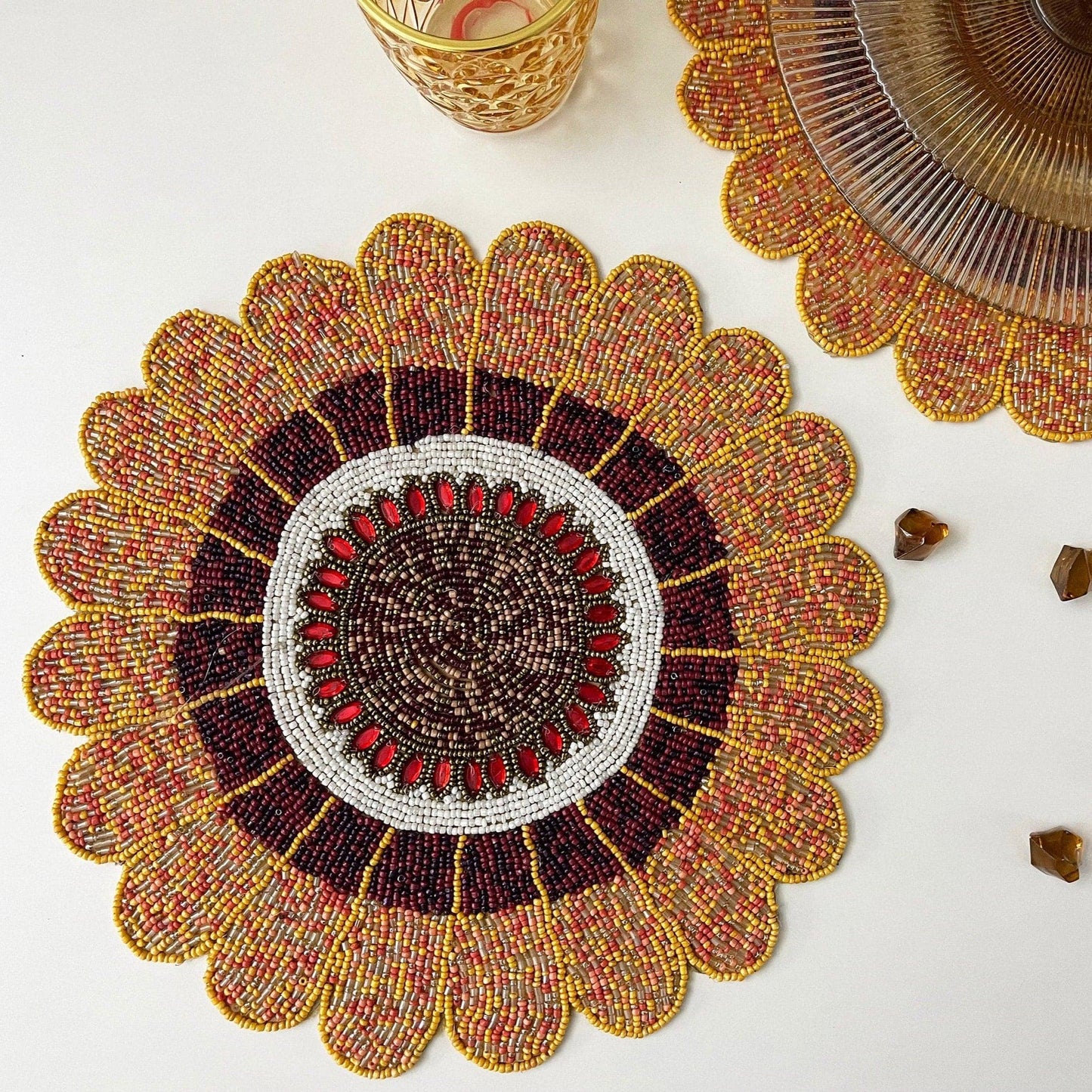 Scalloped Round Beaded Placemat - Pumpkin