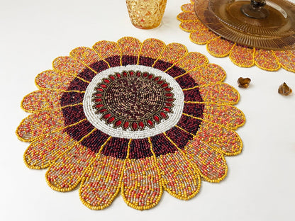 Scalloped Round Beaded Placemat - Pumpkin Set of 6