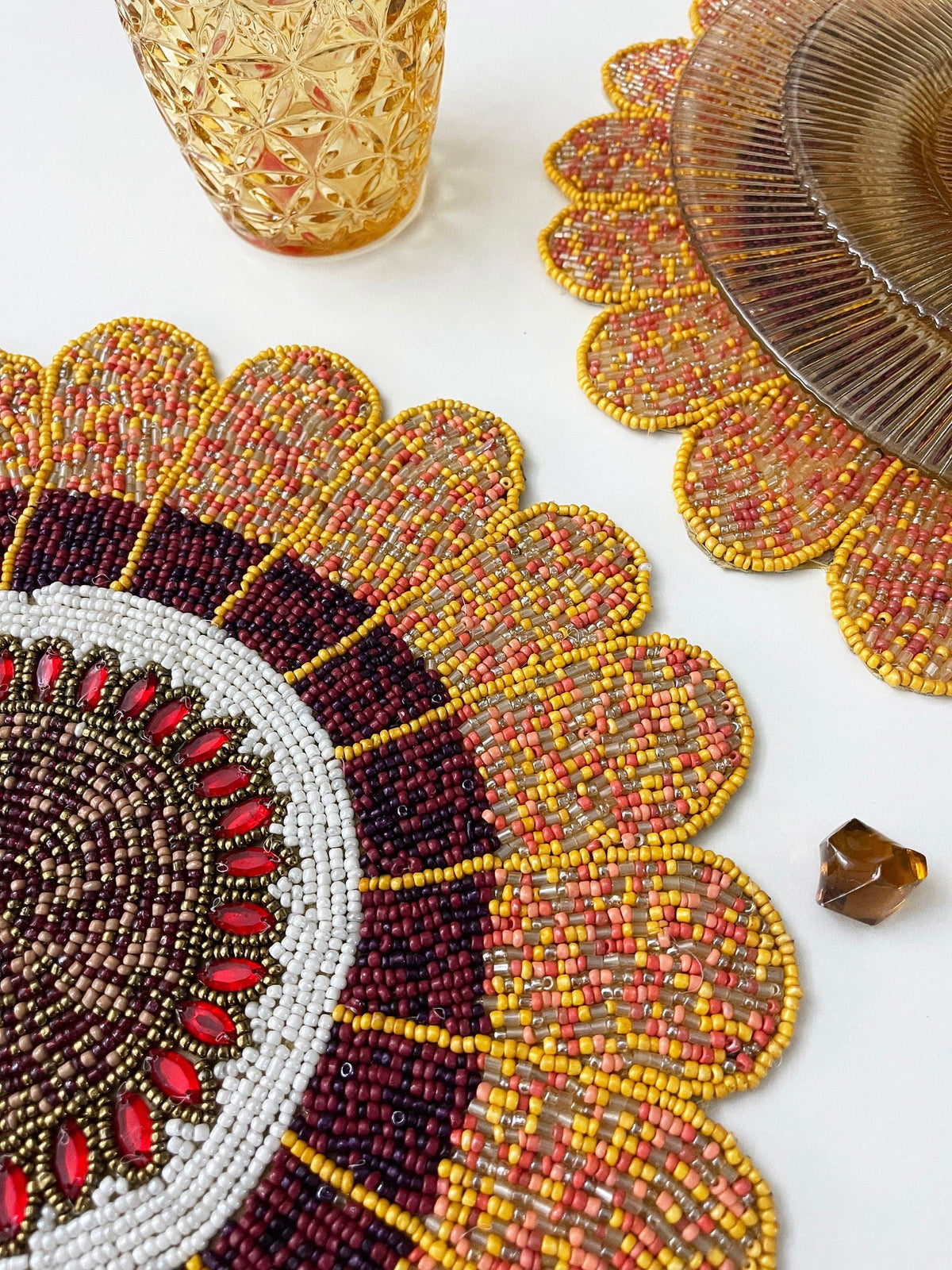 Scalloped Round Beaded Placemat - Pumpkin