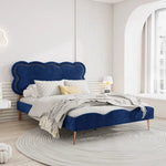 Scalloped Velvet Tufted Upholstered Platform Bed Blue