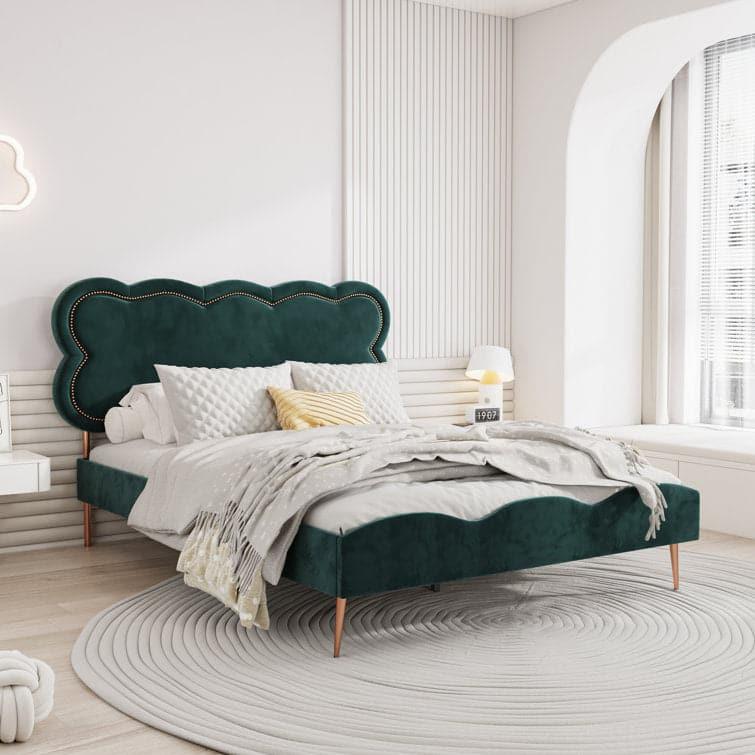 Scalloped Velvet Tufted Upholstered Platform Bed Green