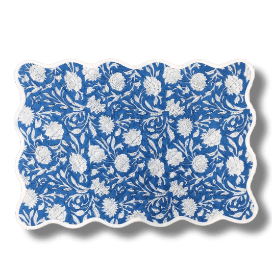 Scalloped White Floral Blue Cotton Placemat Set - MAIA HOMES