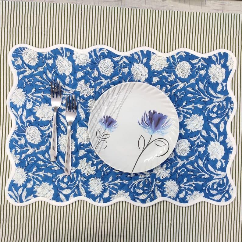 Scalloped White Floral Blue Cotton Placemat Set