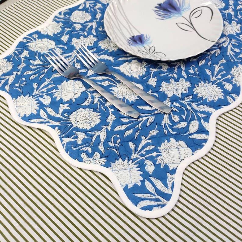 Scalloped White Floral Blue Cotton Placemat Set