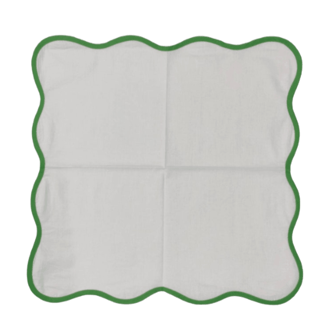 Scalloped White Square Cotton Napkins Light Green