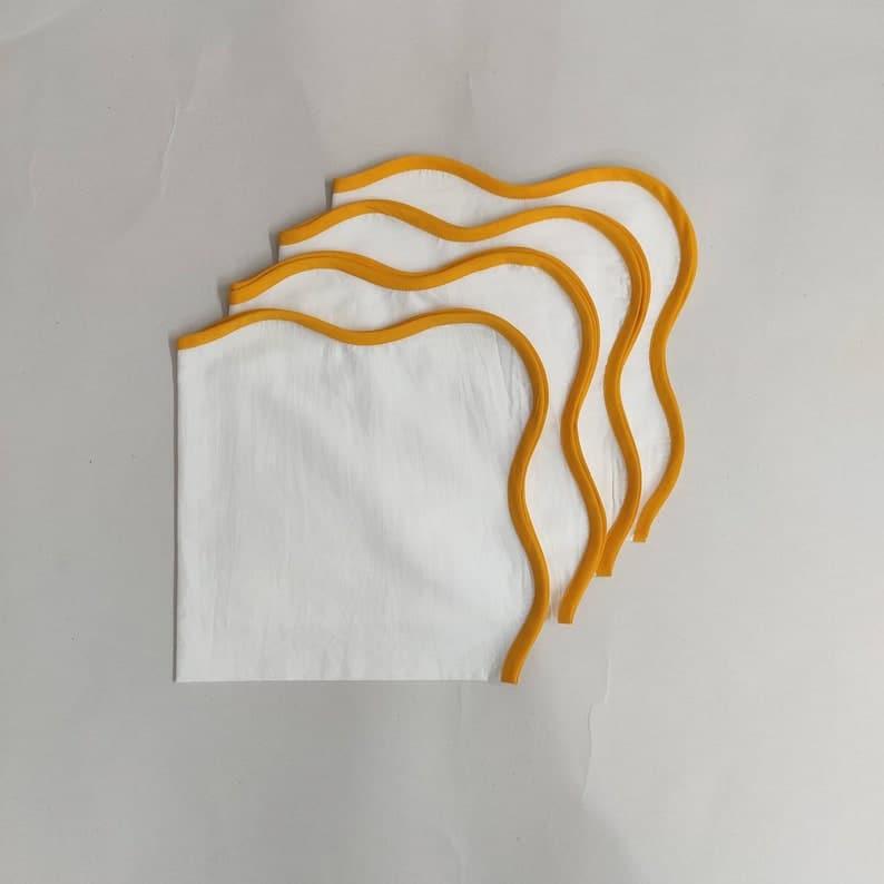 Scalloped White Square Cotton Napkins Yellow