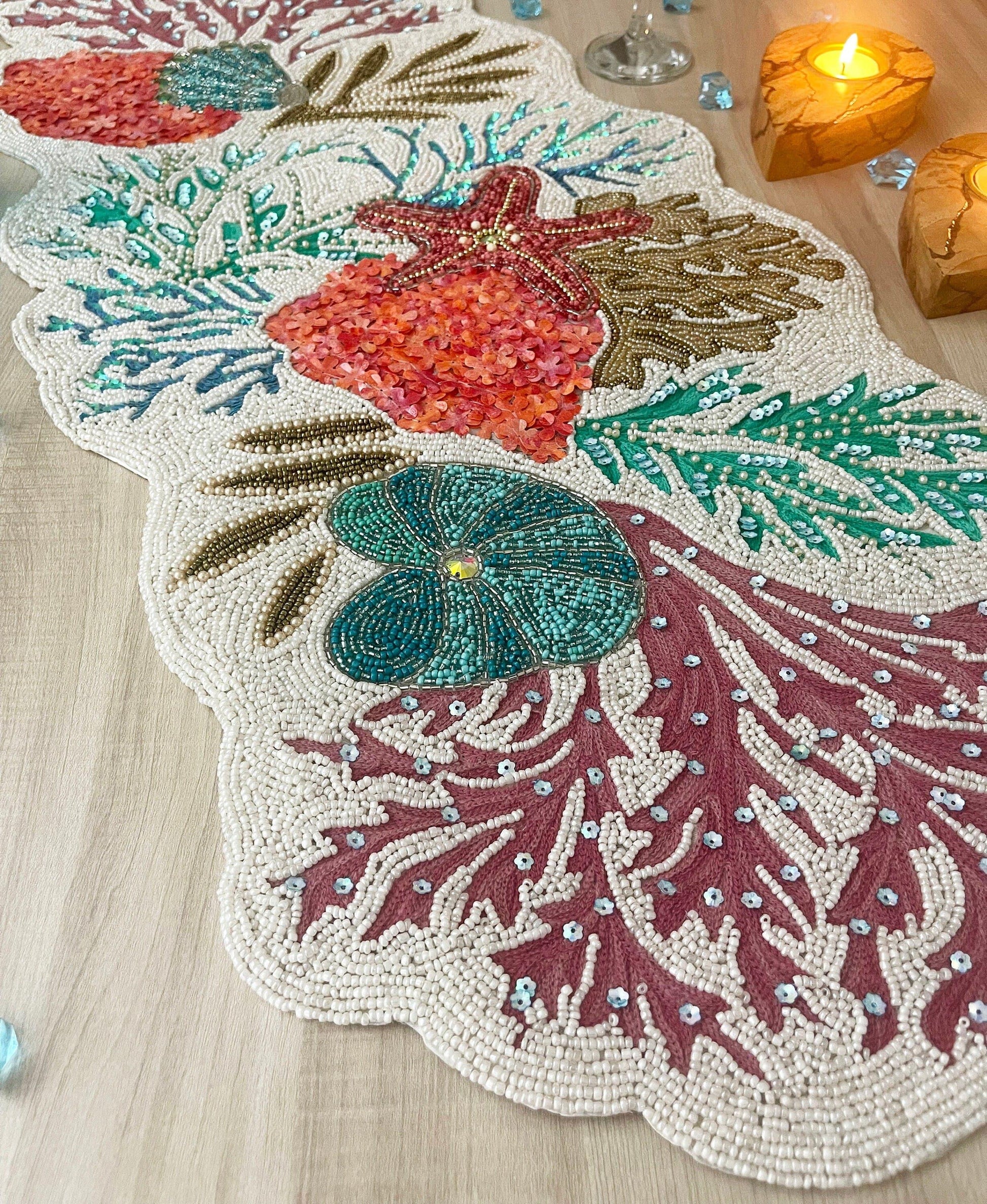 Sea Coral Beaded Table Runner - White