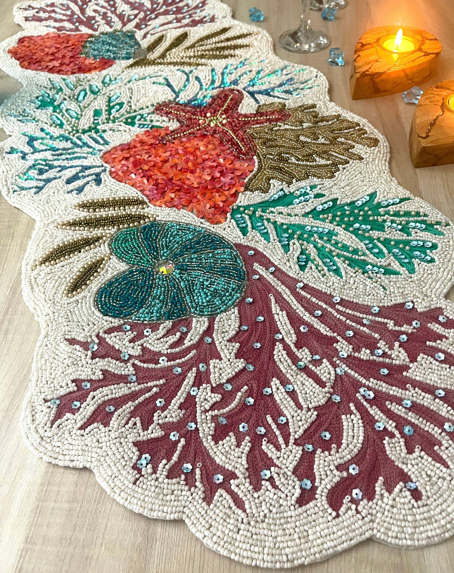 Sea Coral Beaded Table Runner - White