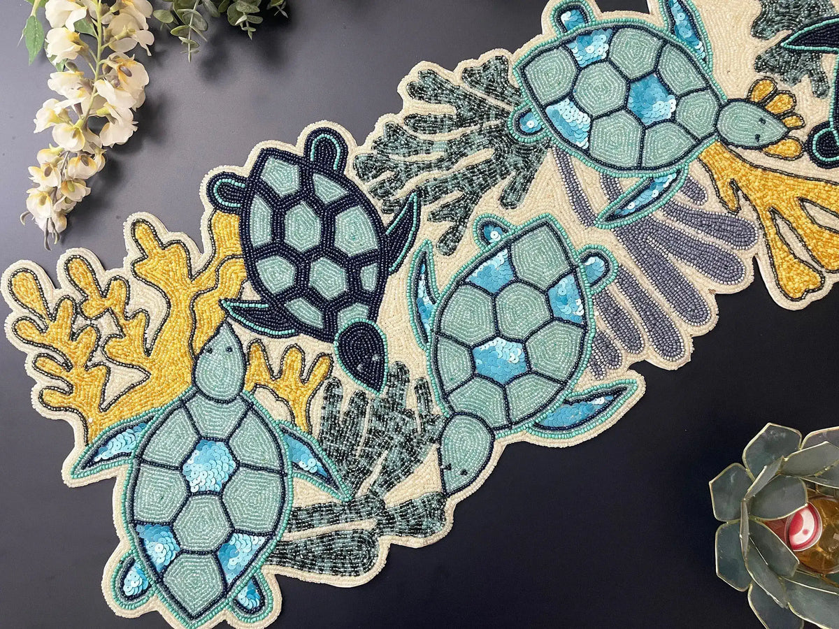 Sea turtle and Coral Coastal Beaded Table Runner Default Title