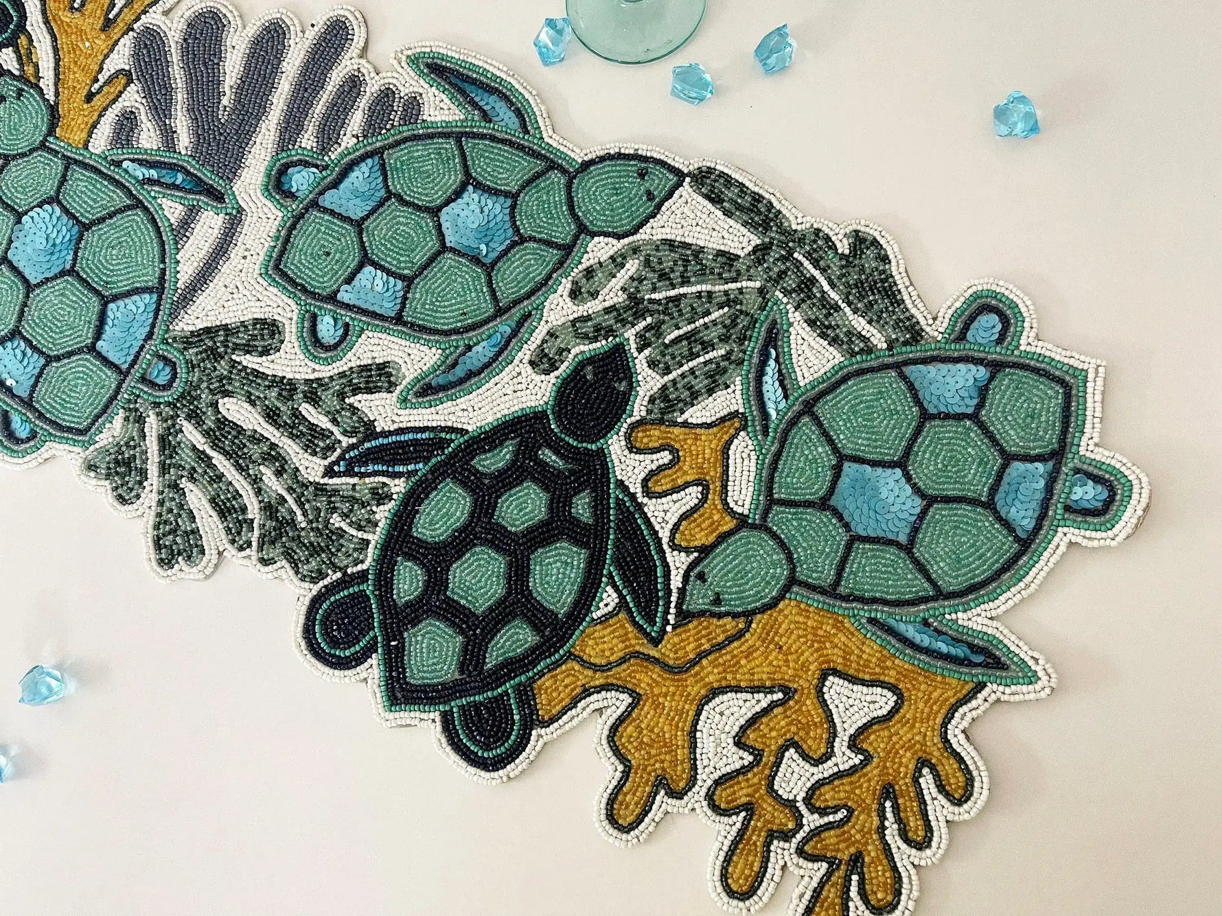 Sea turtle and Coral Coastal Beaded Table Runner