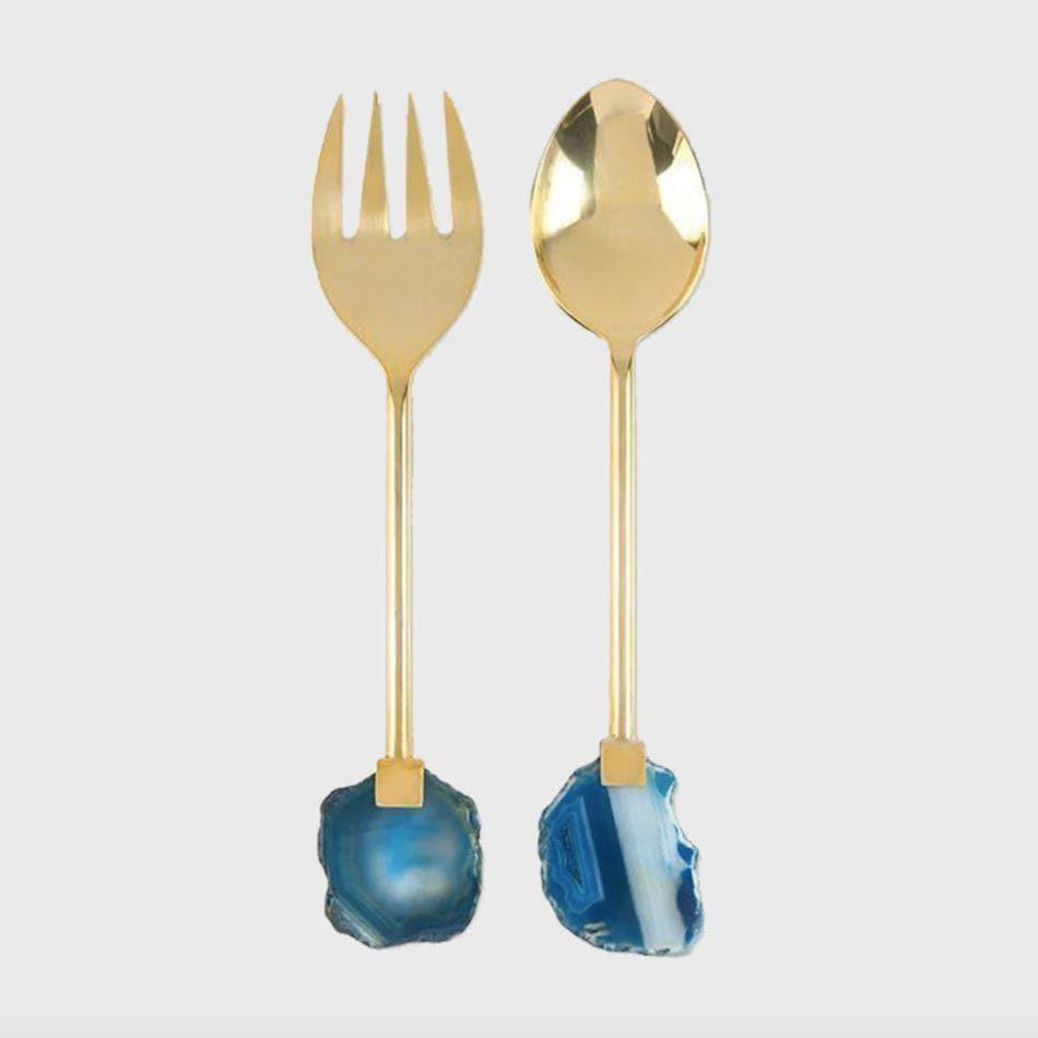 Serein Decor Stainless Steel Blue Agate Gold Salad Serving Set - MAIA HOMES