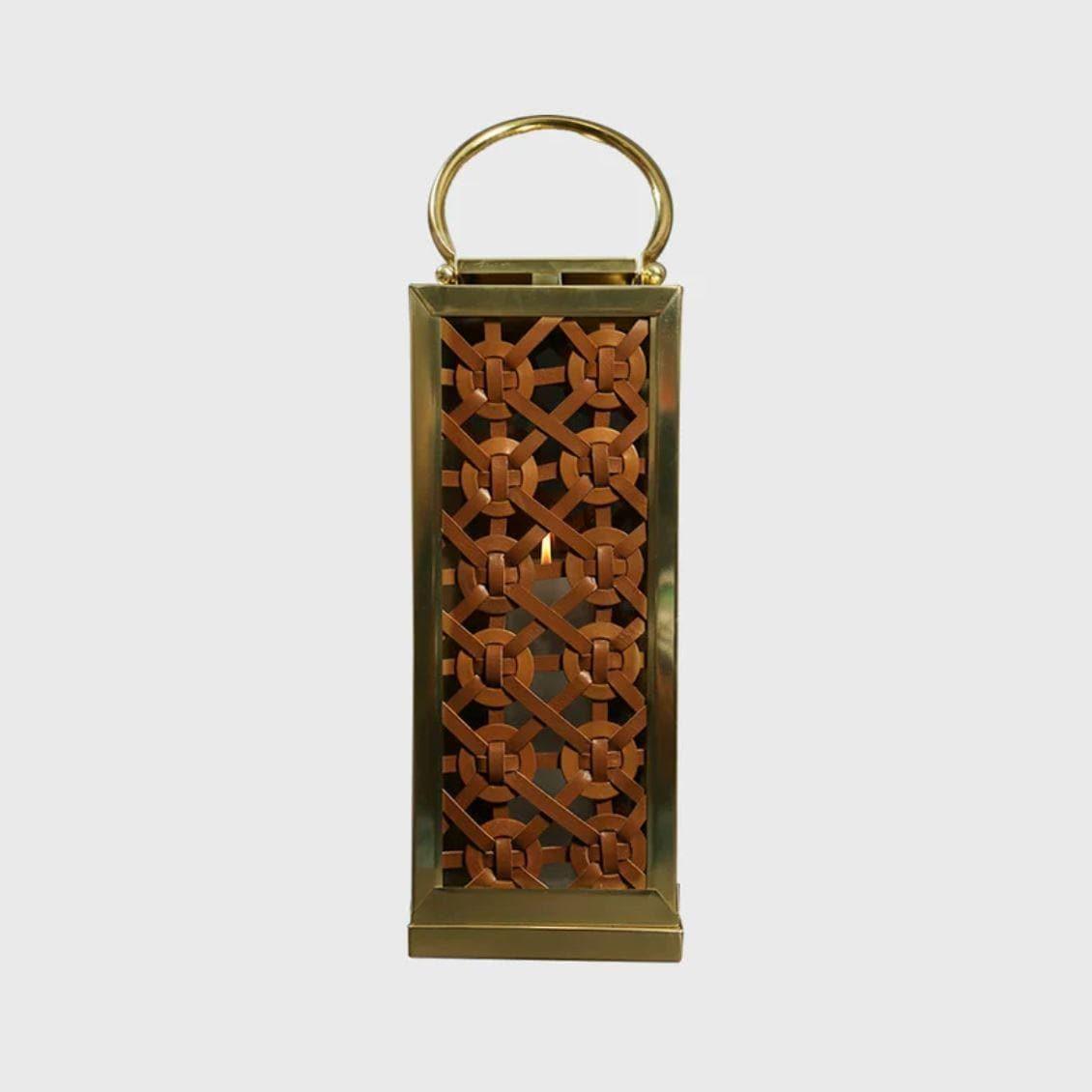 Serein Decor Tan Woven Leather Candle Lantern - MAIA HOMES