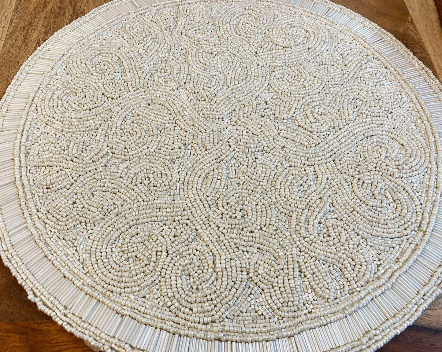 Kaiser Round Beaded Placemat - White - MAIA HOMES
